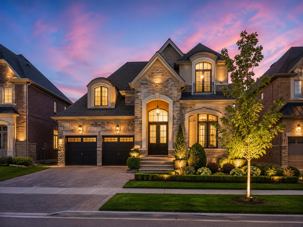 Two-storey stone detached house with a double garage at dusk