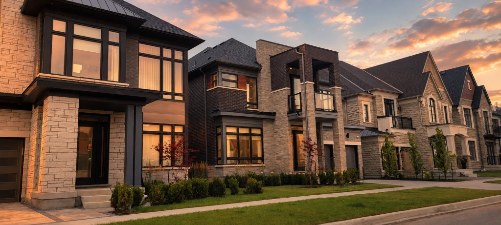 Detached homes along a residential street at sunset