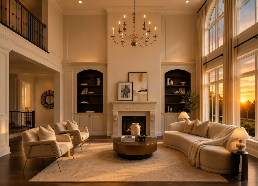 Living room with high ceilings, a fireplace and tall windows at sunset