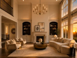 Living room with high ceilings, a fireplace and tall windows at sunset