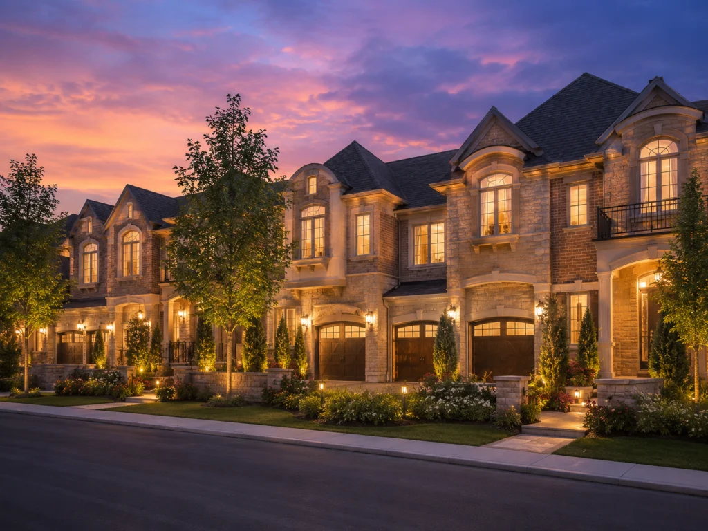 Row of townhouses with illuminated entrances at dusk